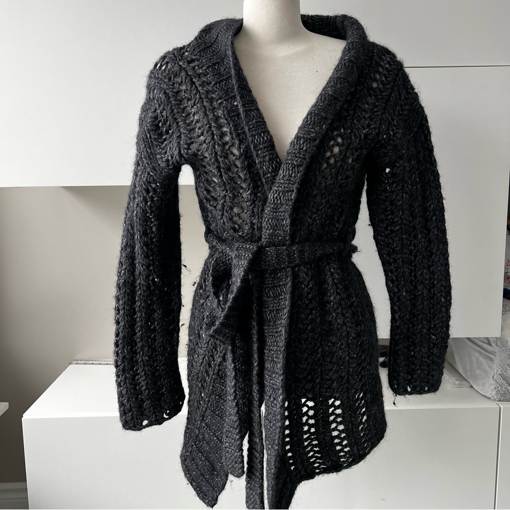 Roots Chunky Wool Alpaca Blend Gorgeous open weave Knit Hip Length Cardigan